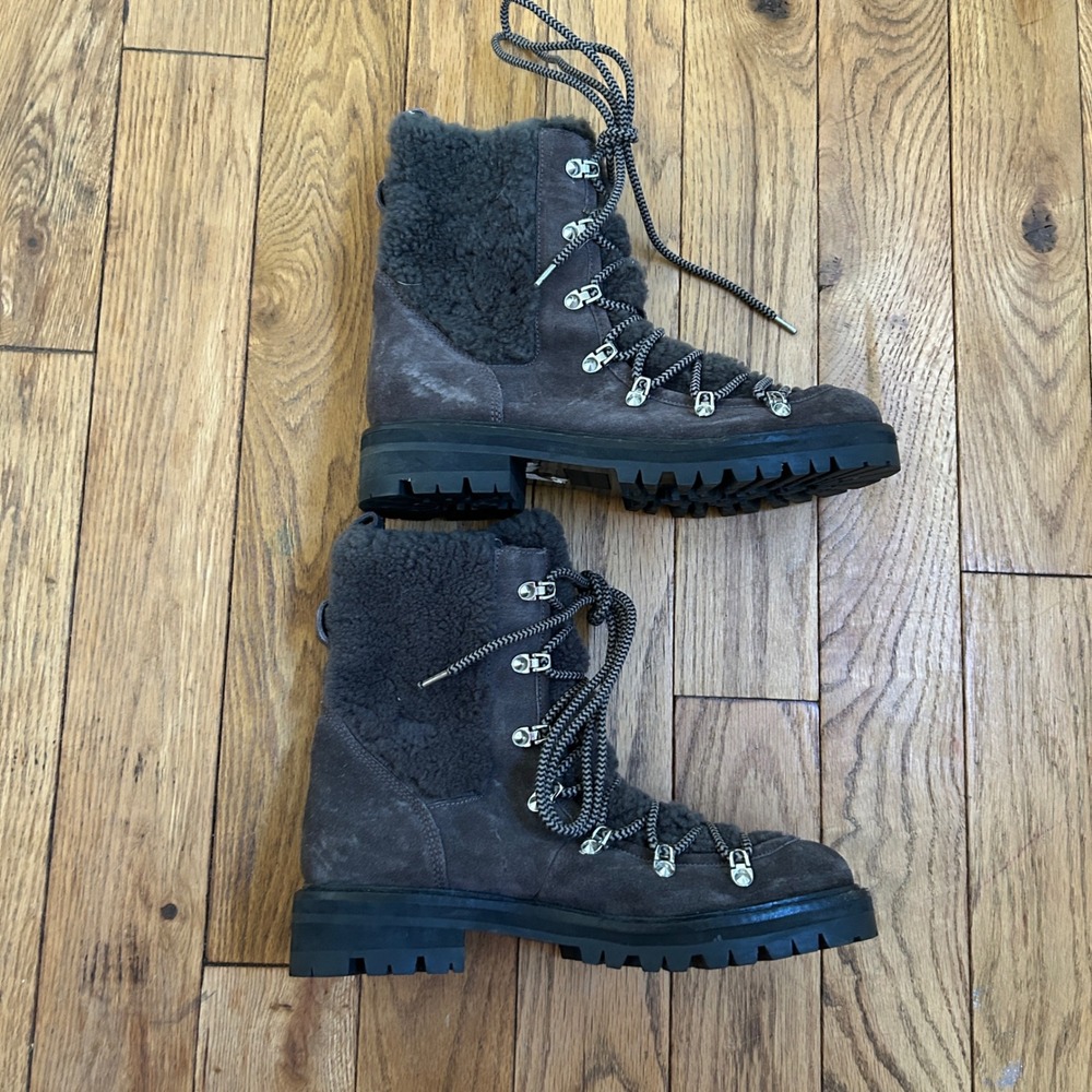 Sigerson Morrison Grey Suede Shearling Hiker Boots Lug Sole 39.5